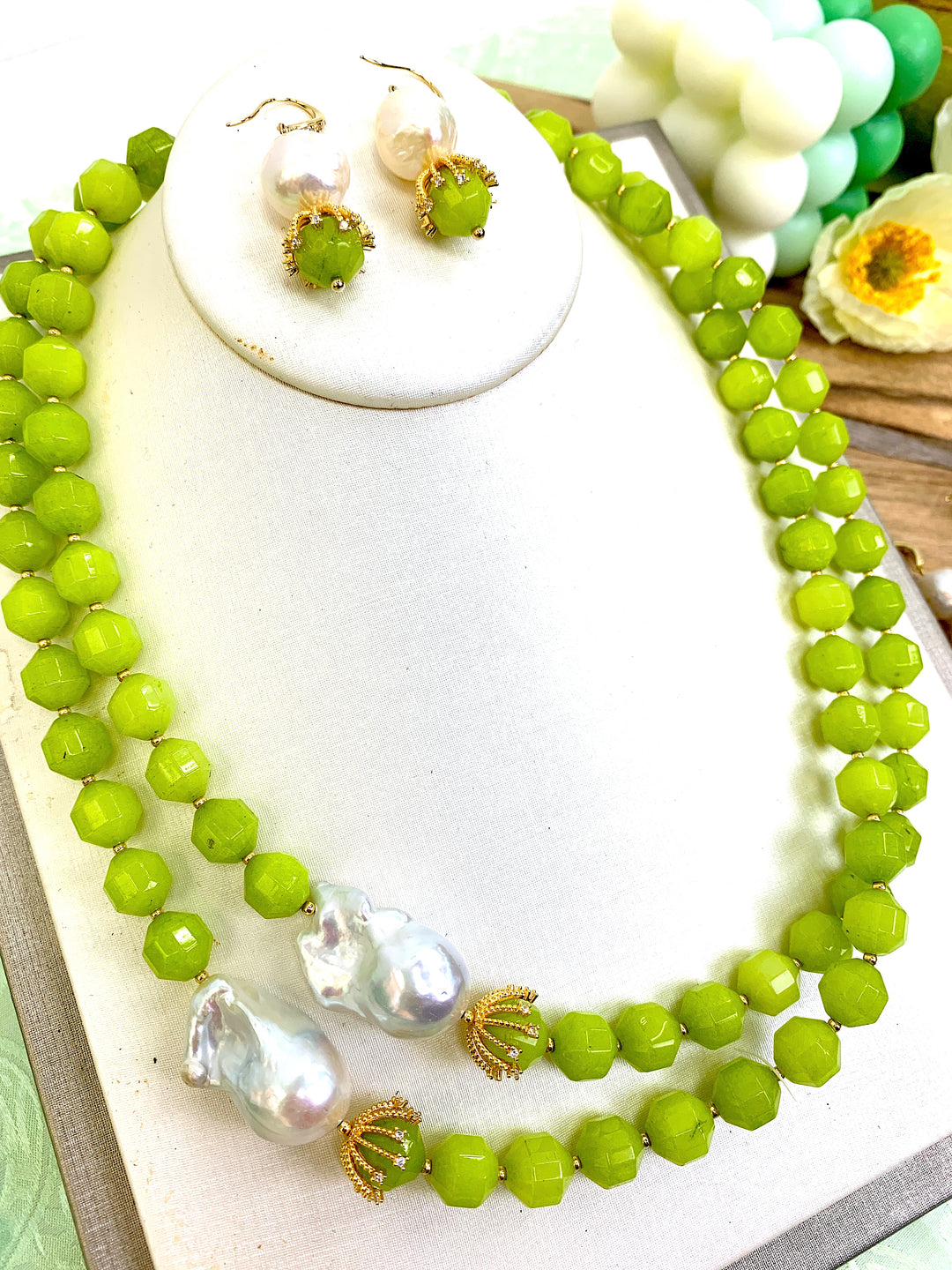 Irregular Freshwater Pearls With Grass Green Jade  Dangle Earrings HE009 - FARRA