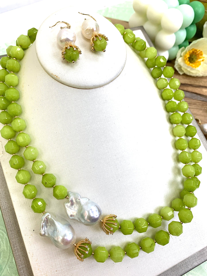 Green Jade With Baroque Pearl Double Strands Necklace HN014 - FARRA