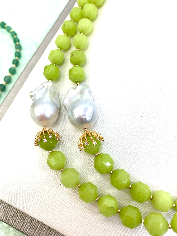 Green Jade With Baroque Pearl Double Strands Necklace HN014 - FARRA