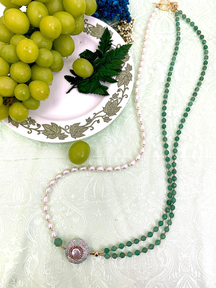 Green Aventurine And Pearls With Rhinestone Long Necklace HN016 - FARRA