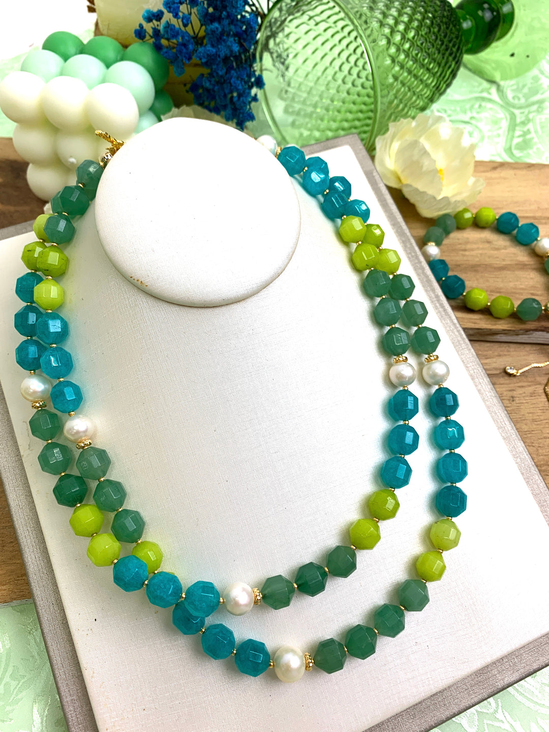 Green & Blue Color Mixed With Pearls Double Layers Necklace HN015 - FARRA