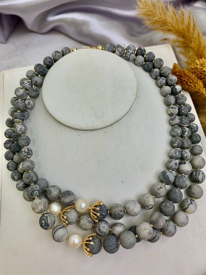 Picasso Jasper With White Pearls Multi-layers Necklace HN023 - FARRA