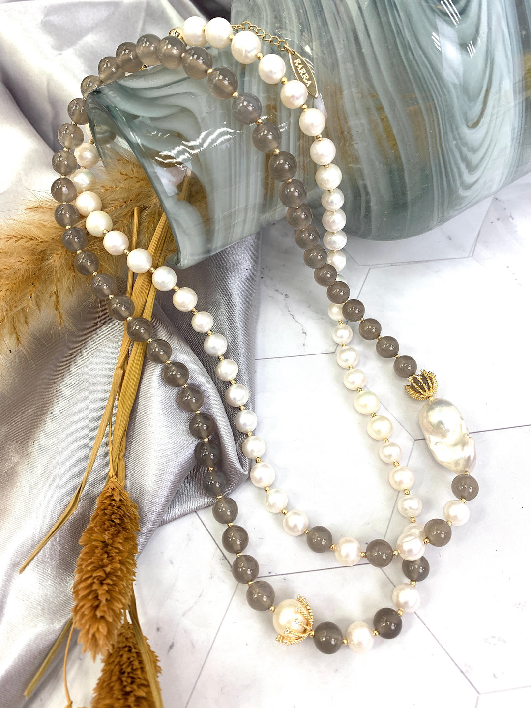 Freshwater Pearls And Gray Agate With Baroque Pearls Long Necklace HN025 - FARRA