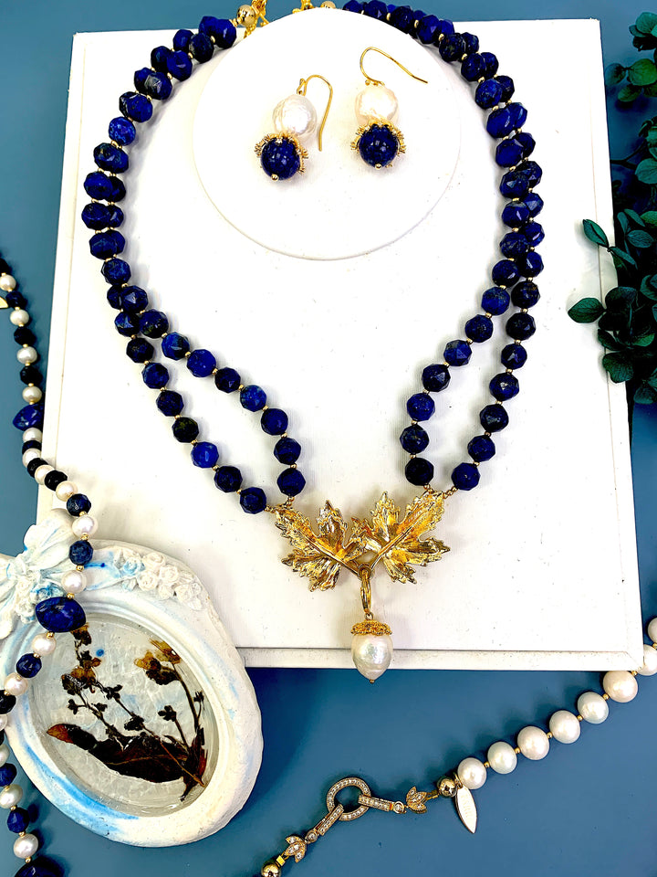 Lapis Stones With Leaf Charm Double Strands Necklace HN004