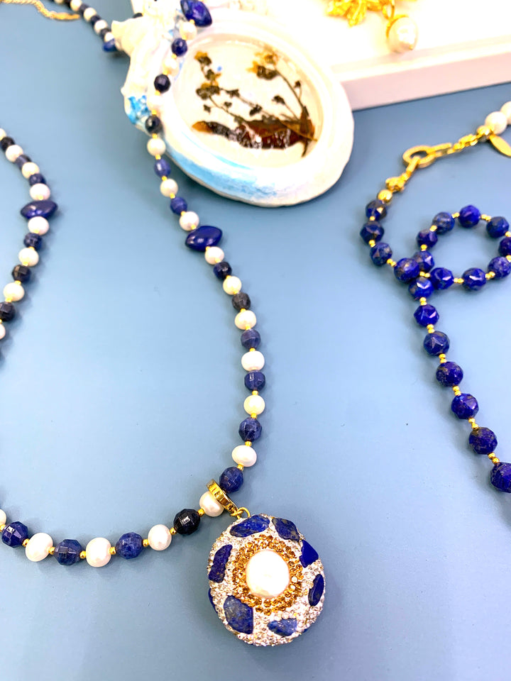 Freshwater Pearls With Lapis And Sodalite MuIti-way Necklace HN005 - FARRA