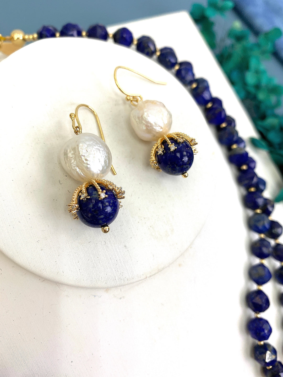 Irregular Freshwater Pearls With Lapis Dangle Earrings HE003 - FARRA