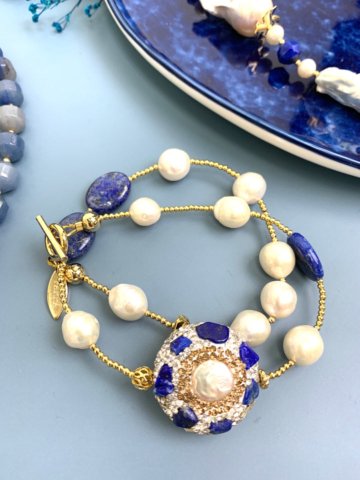 Pearls and Lapis Rhinestone Double Layers Bracelet / Choker GB050 - FARRA