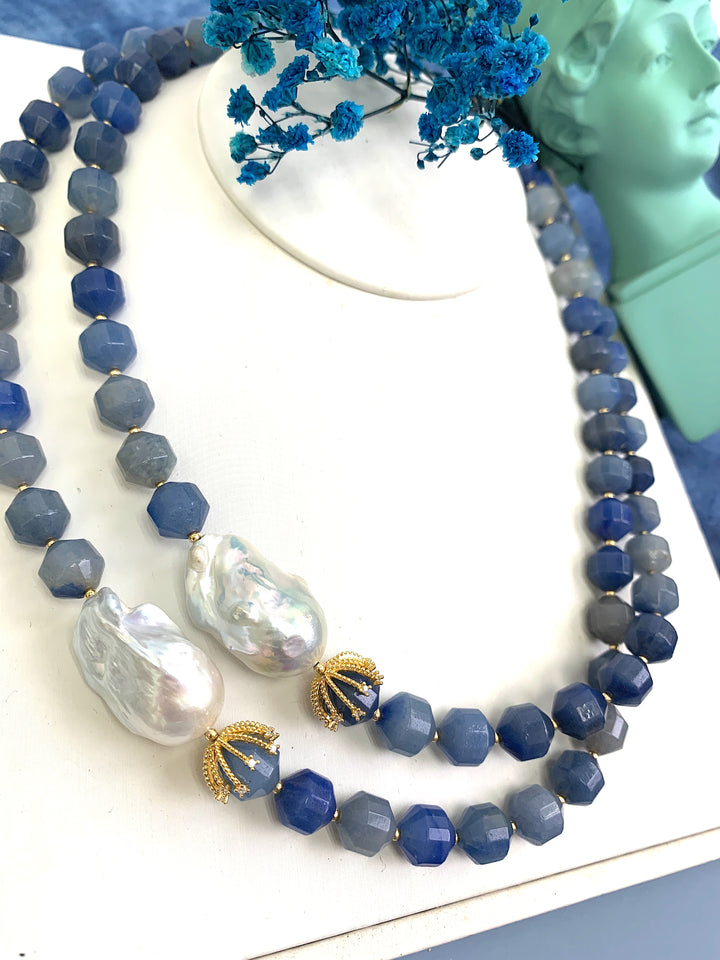 Blue Aventurine With Baroque Pearls Double Strands Necklace HN007 - FARRA