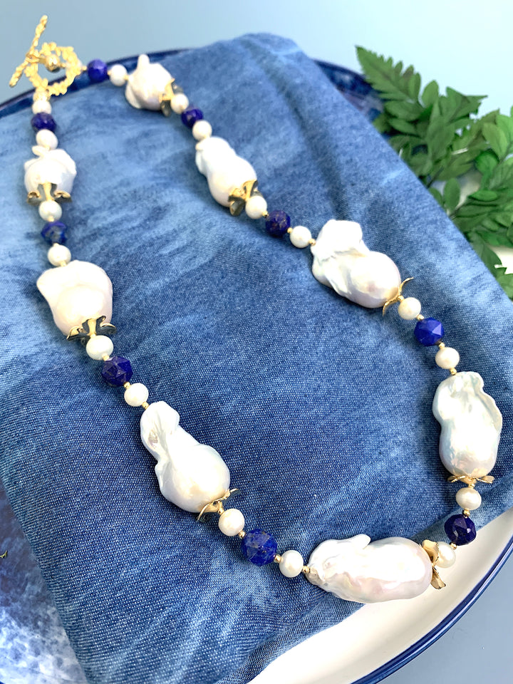 Baroque Pearls With Lapis Short Necklace HN002 - FARRA