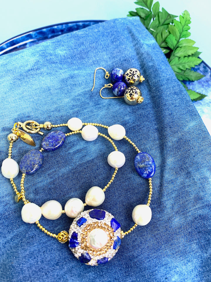 Pearls and Lapis Rhinestone Double Layers Bracelet / Choker GB050 - FARRA