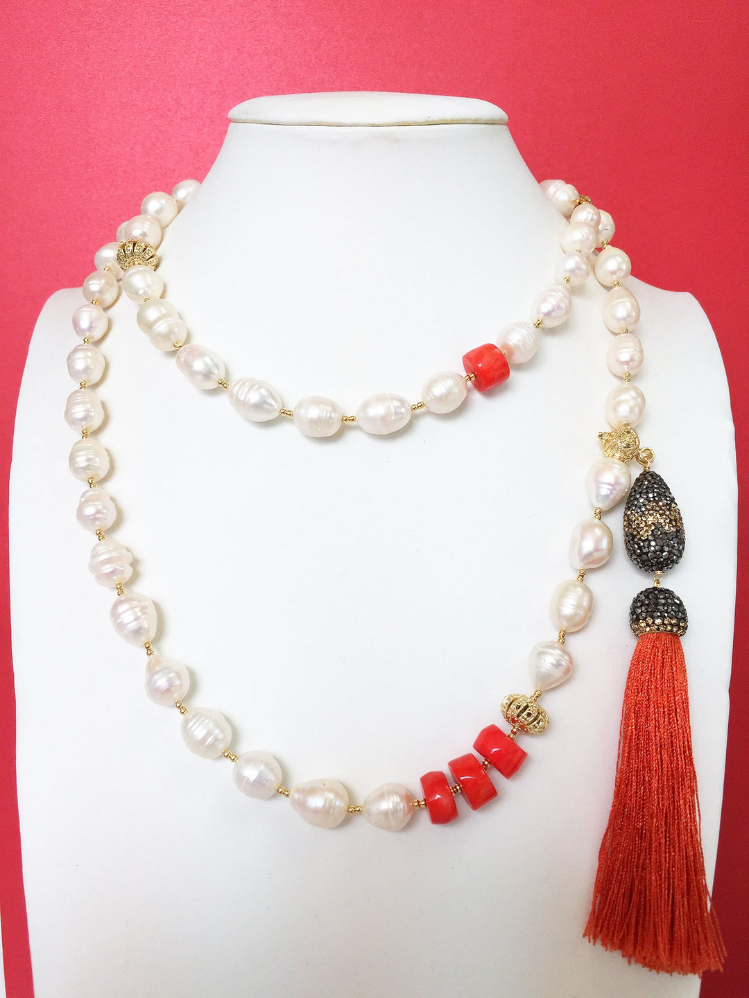 Freshwater Pearls with Coral Tassel necklace MN033 - FARRA