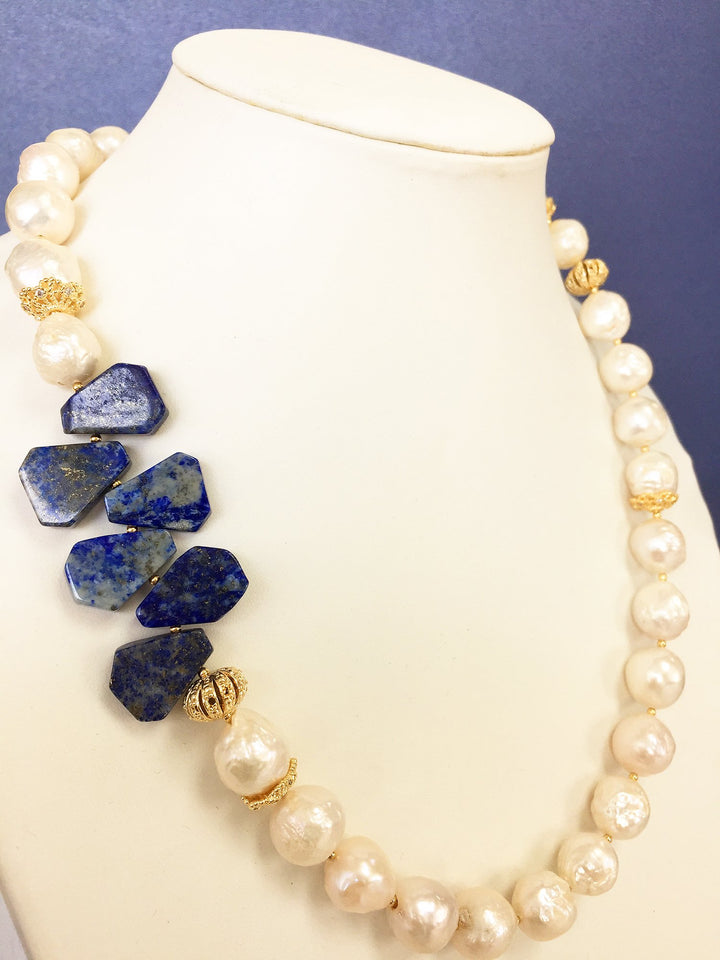 Freshwater Pearl With Lapis Flower Statement Necklace  MN040 - FARRA