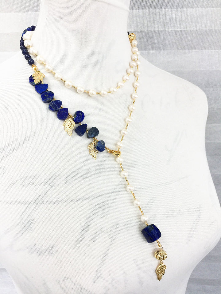 Freshwater Pearls With Lapis Y-Shaped Necklace MN037 - FARRA