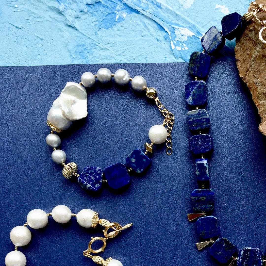 Freshwater Pearls With Square Lapis Bracelet MB043 - FARRA