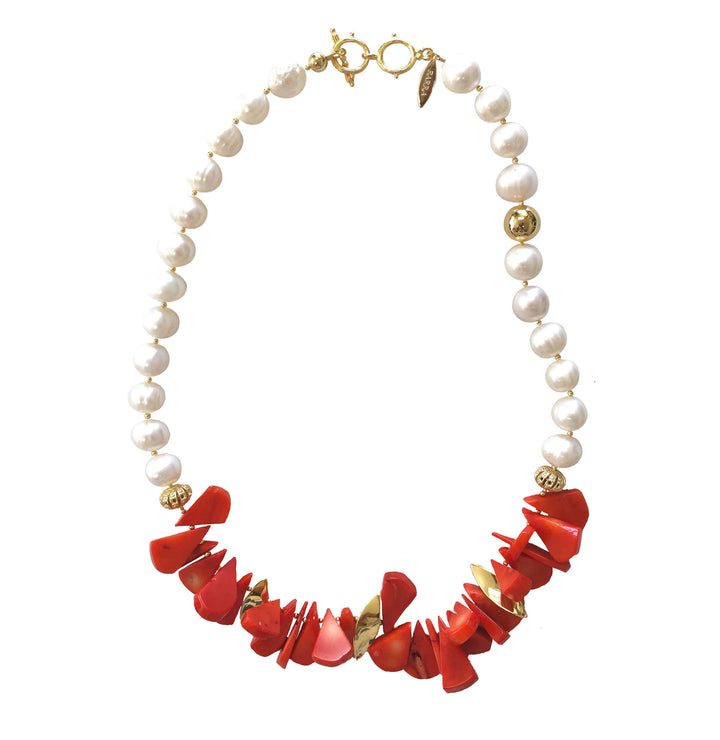 Floral Coral With Natural Freshwater Pearls Statement Necklace MN057 - FARRA