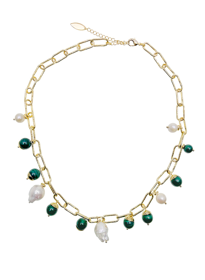 Malachite With Freshwater Pearls Chain Necklace JN046 - FARRA