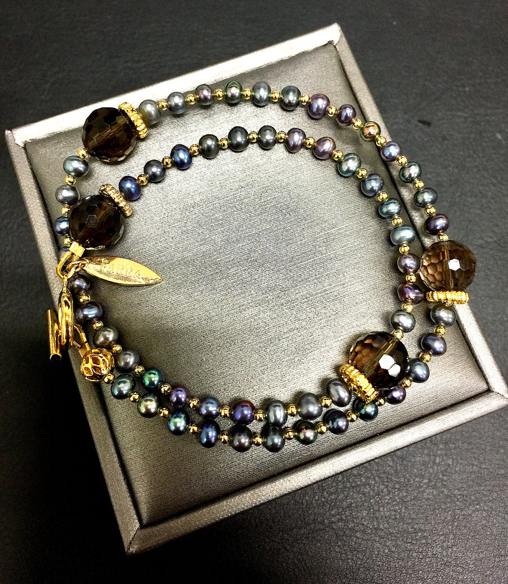 Freshwater Pearls With Smoky quartz  Double Wrapped Bracelet CB015 - FARRA