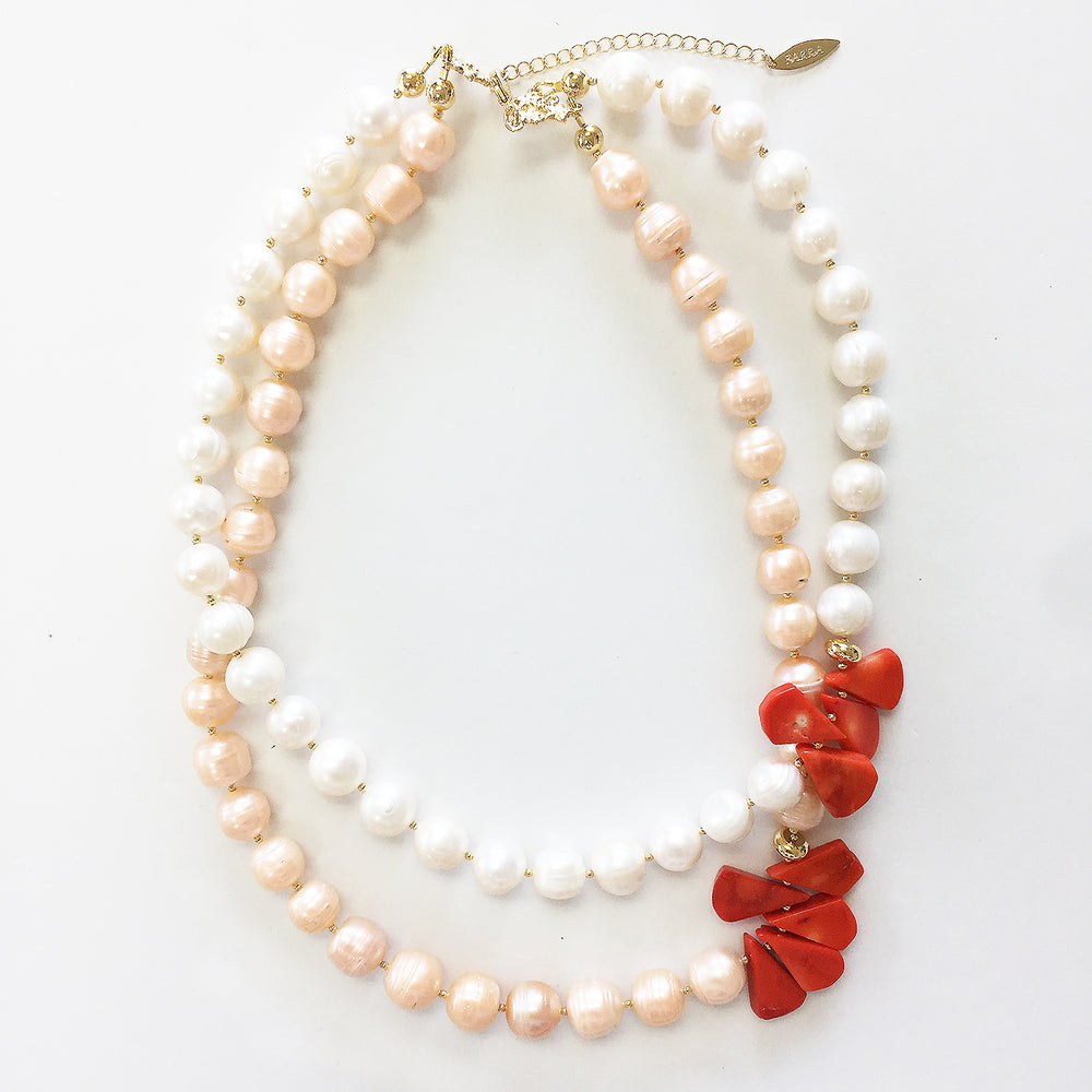 Wholesale double layers white and orange freshwater pearl with teardrop coral necklace MN066 - FARRA