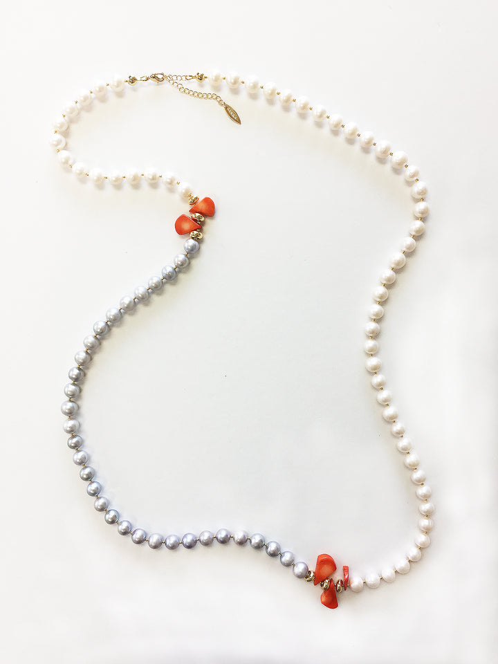 Wholesale white and gray pearls with teardrop coral long necklace MN060 - FARRA