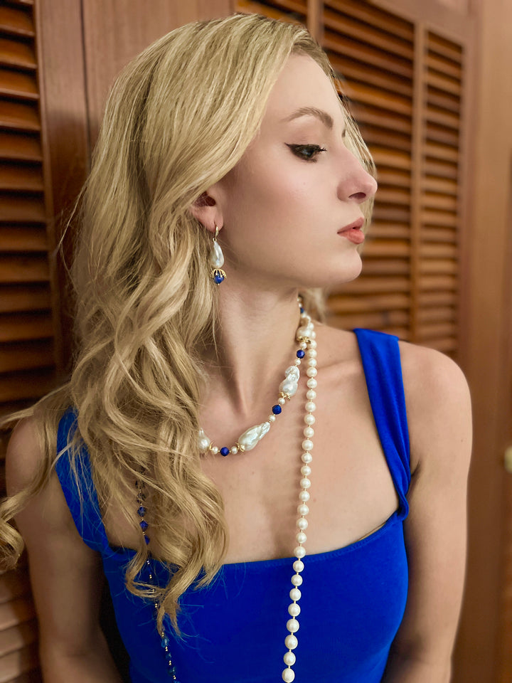 Baroque Pearls With Lapis Short Necklace HN002 - FARRA