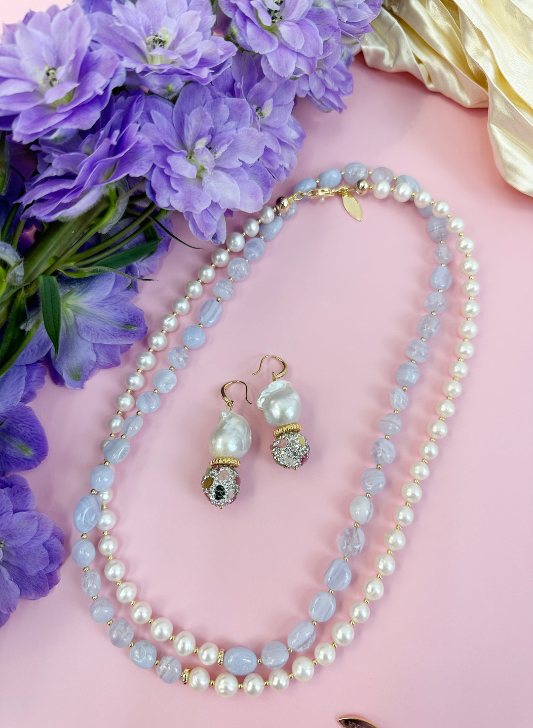 White Freshwater Pearls and Blue Lace Agate Long Necklace JN031 - FARRA