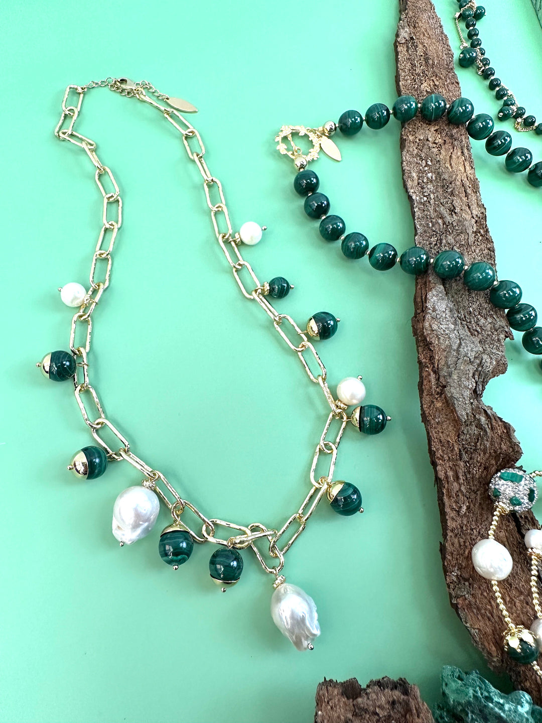 Malachite With Freshwater Pearls Chain Necklace JN046 - FARRA