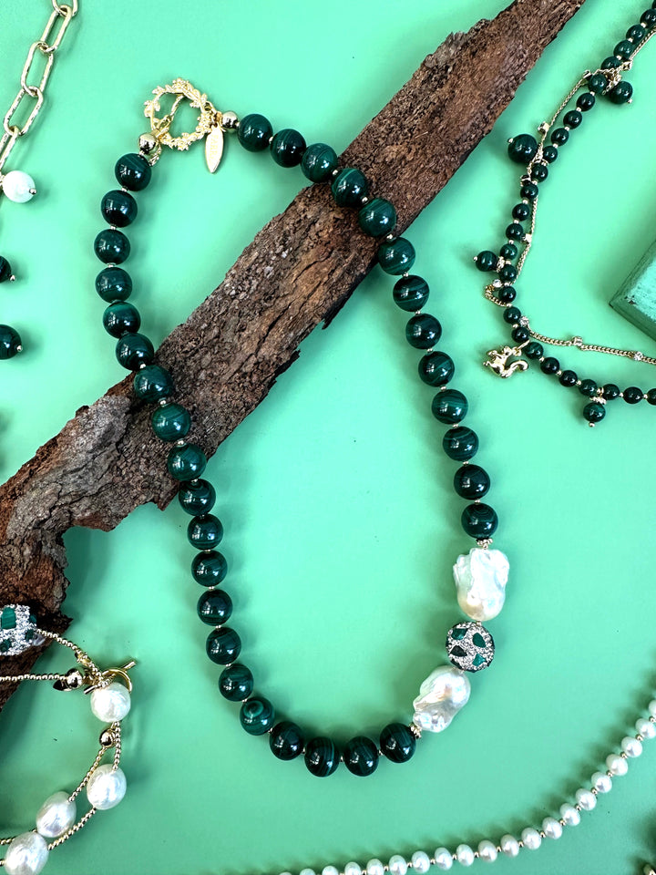 Gorgeous Malachite With Baroque Pearls Gorgeous Necklace JN047 - FARRA