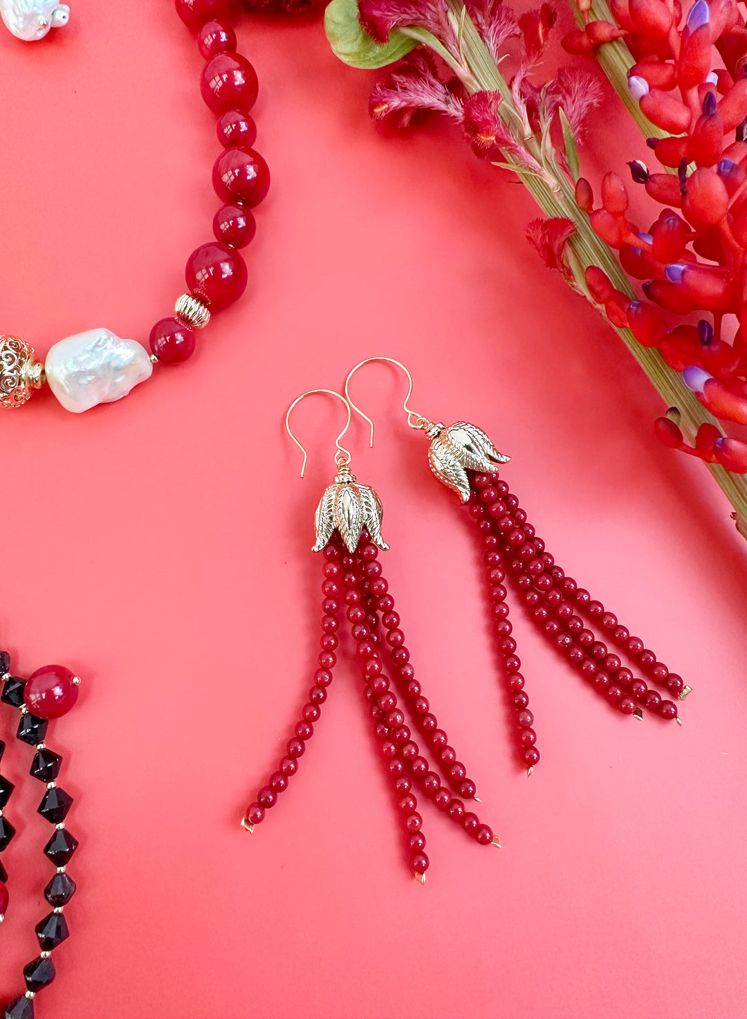 Red Coral Beaded Tassel Earrings JE006 - FARRA
