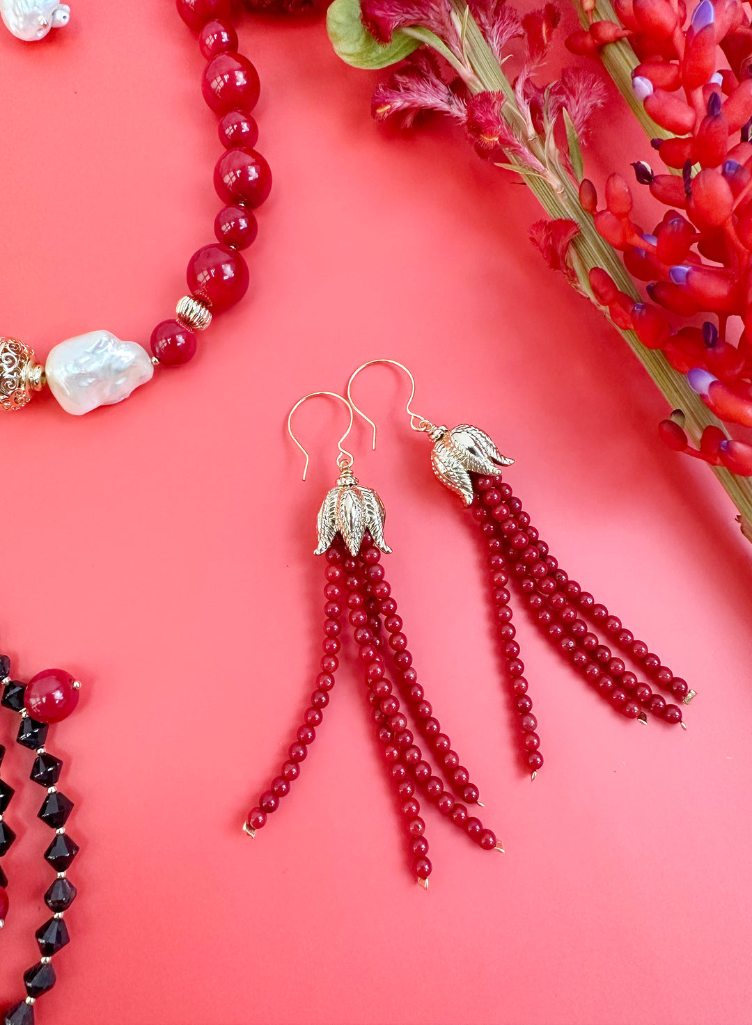 Red Coral Tassel Earrings JE006 - FARRA