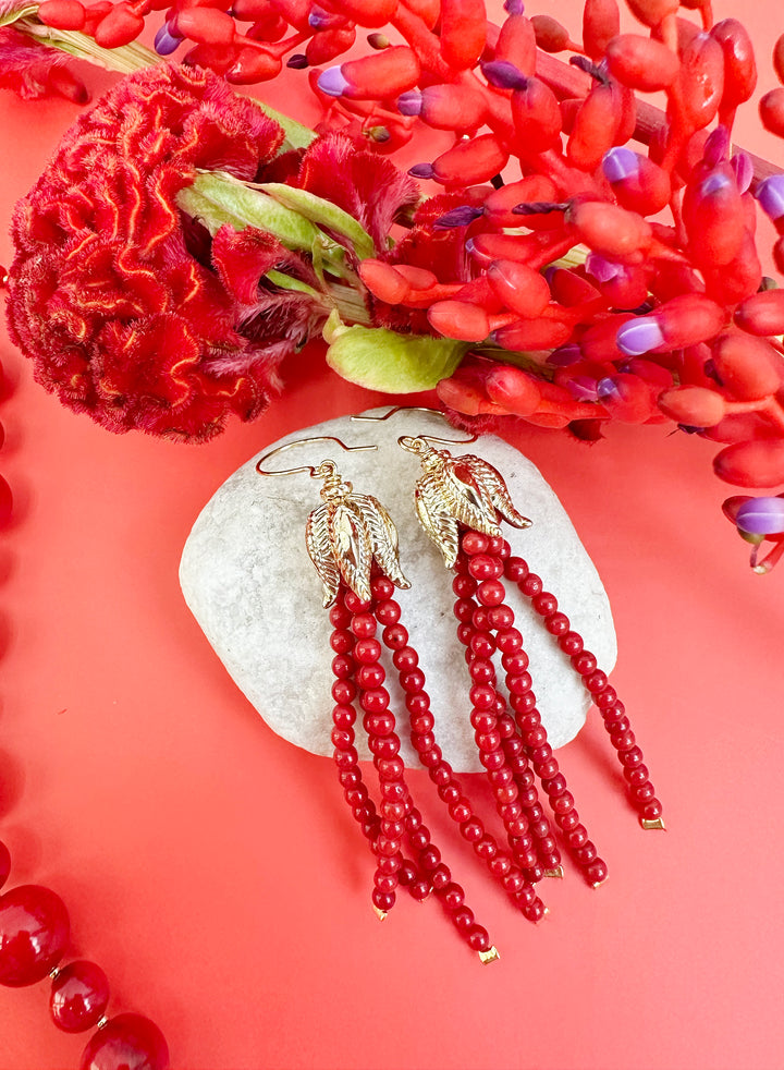 Red Coral Tassel Earrings JE006 - FARRA