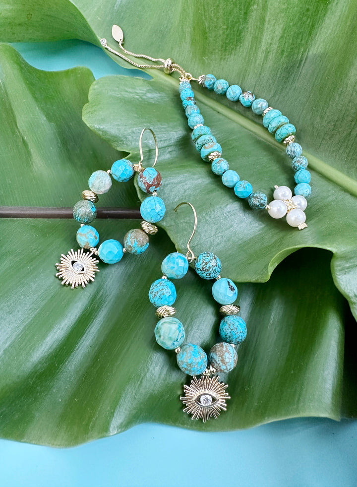 Turquoise with Flower Pearls Adjustable Bracelet JB020 - FARRA
