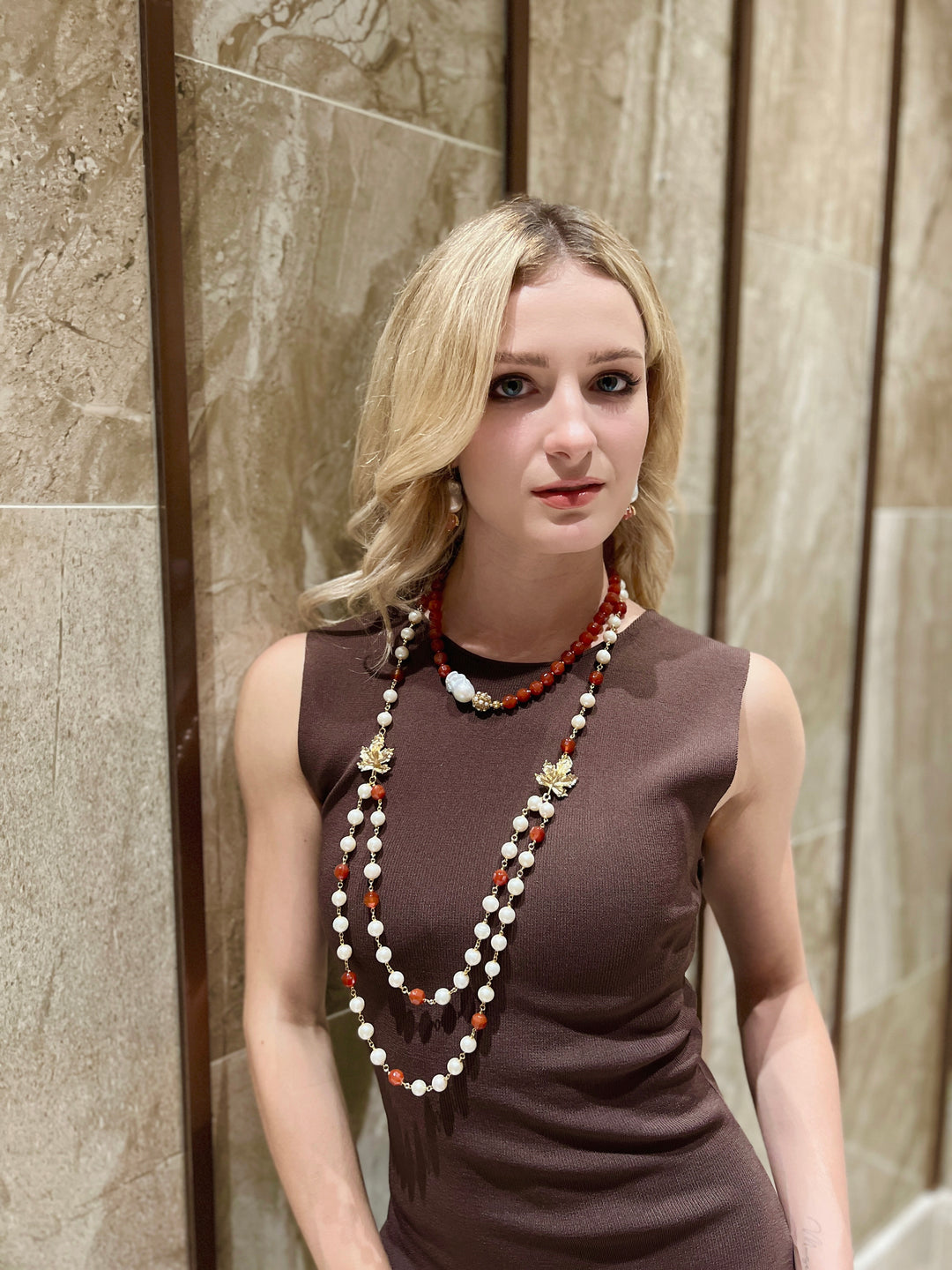 Freshwater Pearl With Red Agate And Maple Leaves Charm Long Chain Necklace HN031 - FARRA