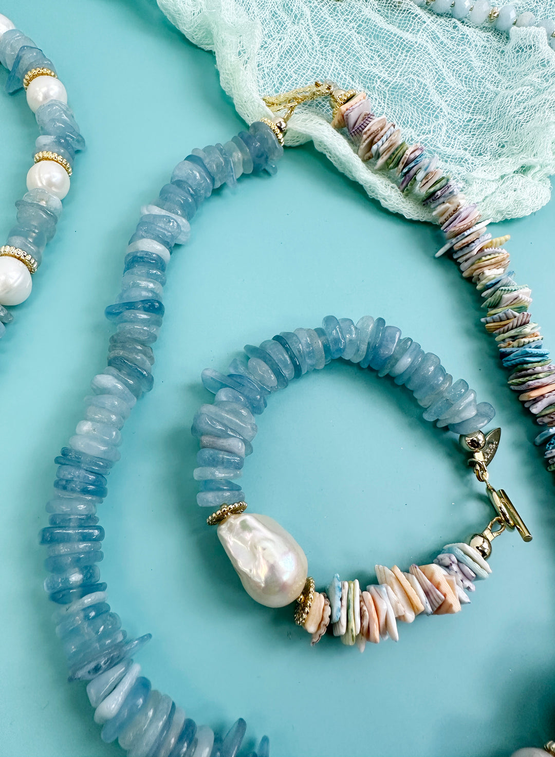 Aquamarine and Colorful Shell with Baroque Pearl Bracelet JB012 - FARRA