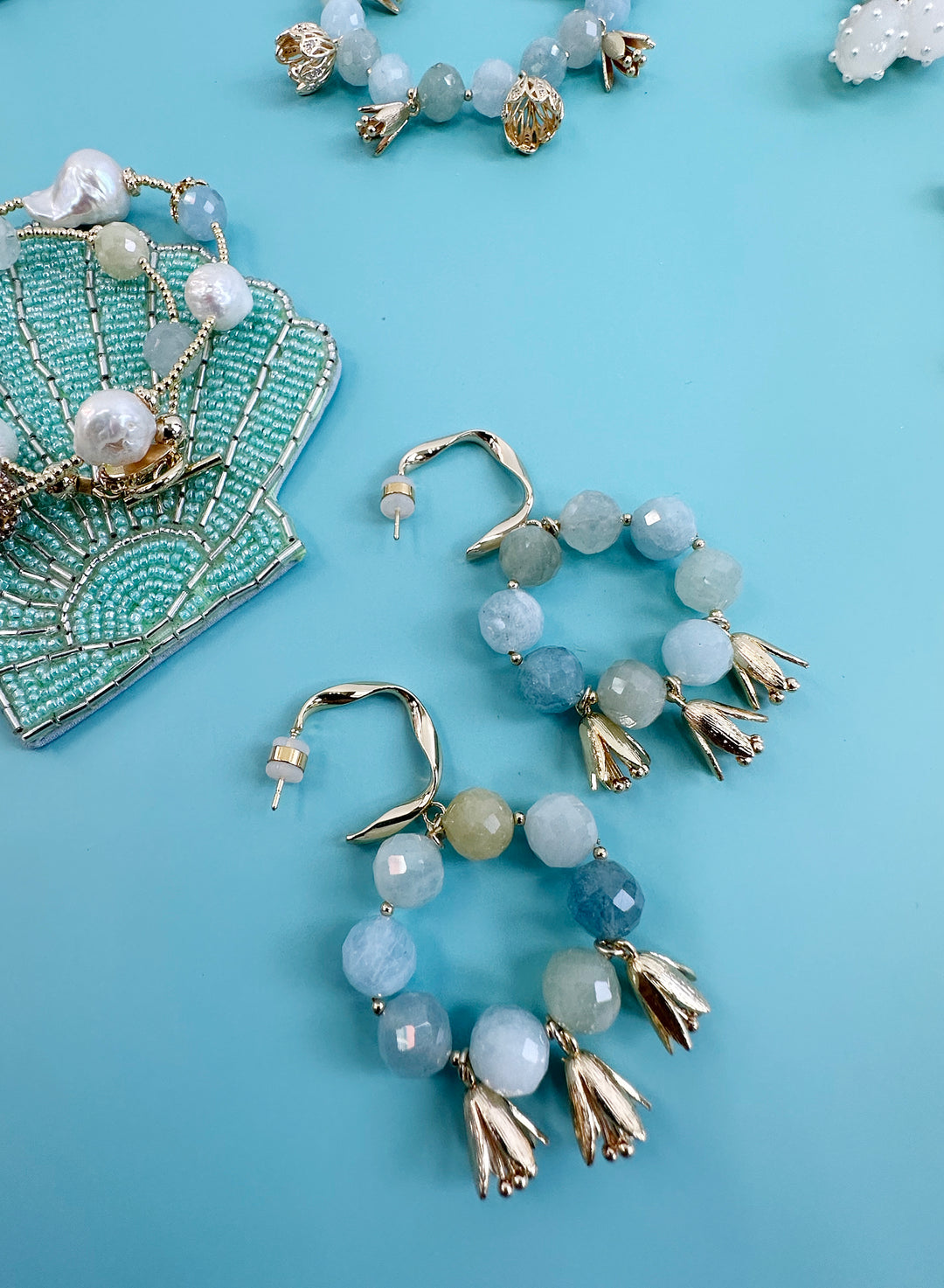 Bohemia Style Aquamarine with Flower Charms Earrings JE030 - FARRA