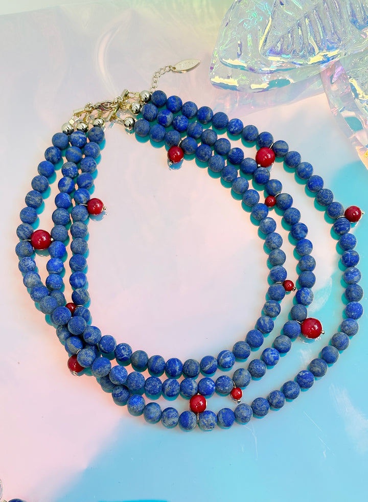 Multi-layers Matte Blue Lapis with Red Coral Statement Necklace JN023 - FARRA