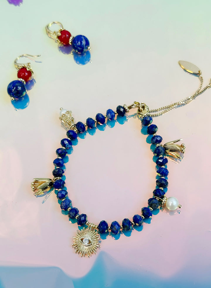 Lapis with Evil Eye Charms Adjustable Bracelet JB007 - FARRA