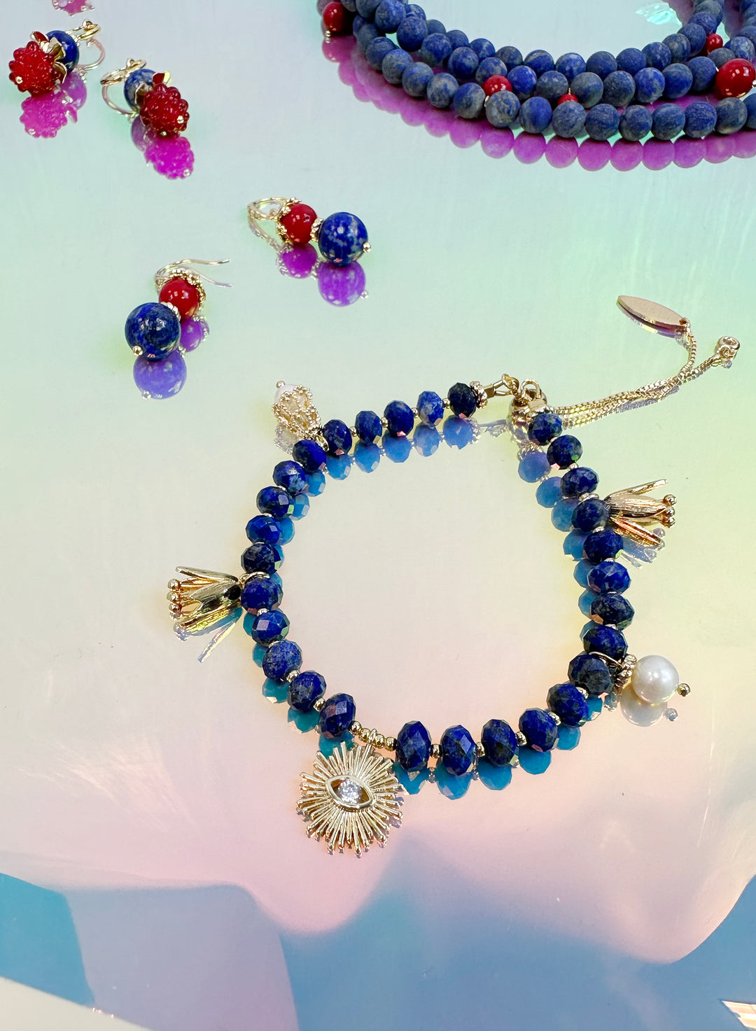 Lapis with Evil Eye Charms Adjustable Bracelet JB007 - FARRA