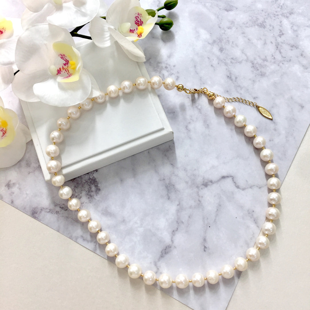 Round White Freshwater Pearls Choker Necklace ( Gold plated brass findings) MN071 - FARRA