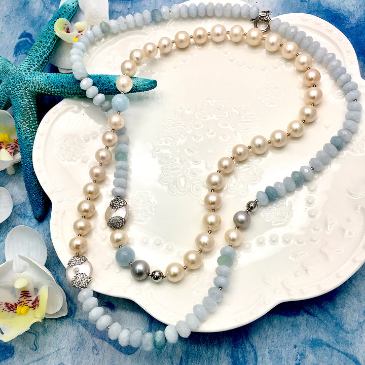 Freshwater Pearls With Aquamarine Long Necklace MN103 - FARRA