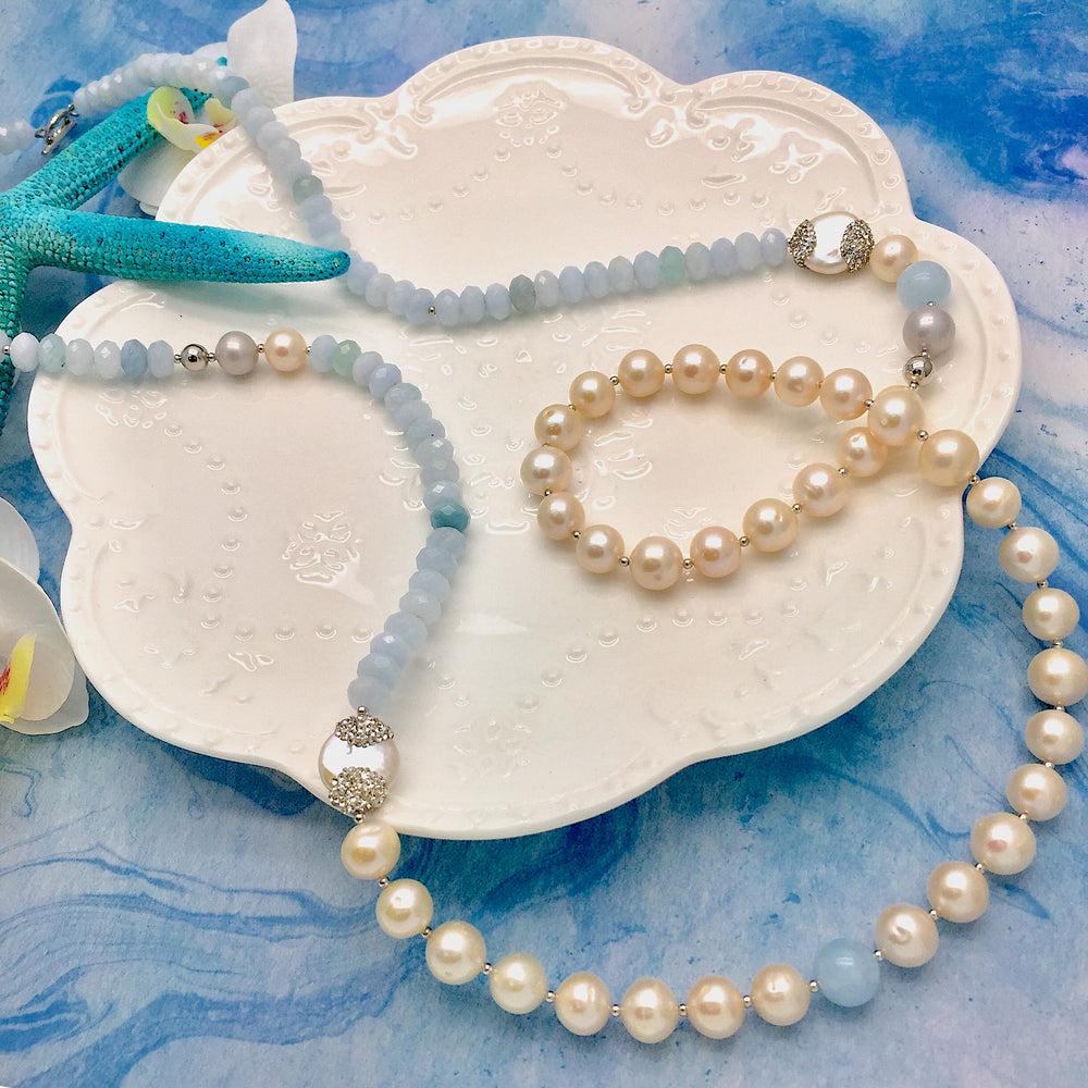 Freshwater Pearls With Aquamarine Long Necklace MN103 - FARRA