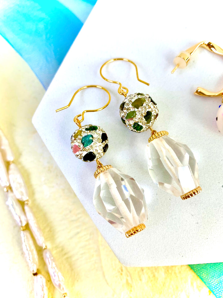 White quartz with rhinestones bordered tourmaline dangle earrings EE022 - FARRA