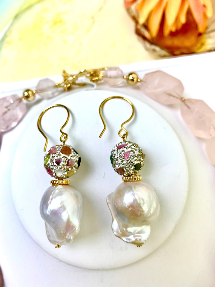 Tourmaline Rhinestone with Baroque Pearls Earrings EE020 - FARRA