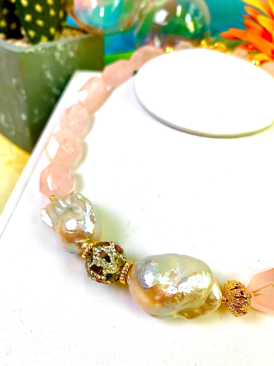 Rose Quartz with Baroque Pearls Statement Necklace EN021 - FARRA