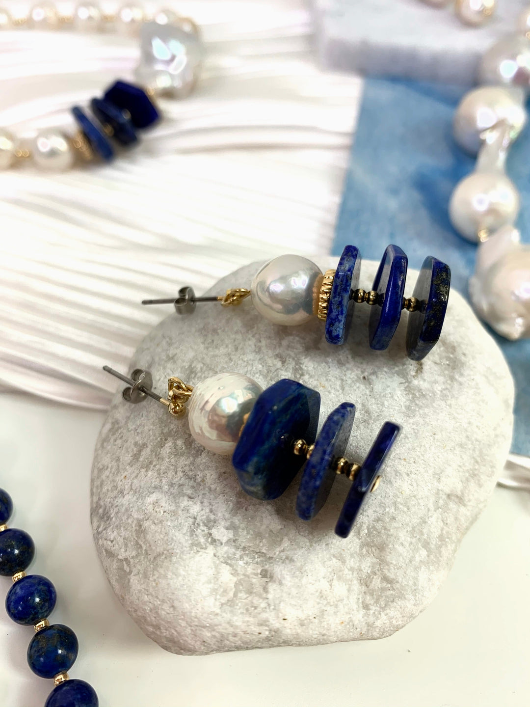 Lapis Lazuli With Freshwater Pearls Stud Earrings EE018 - FARRA