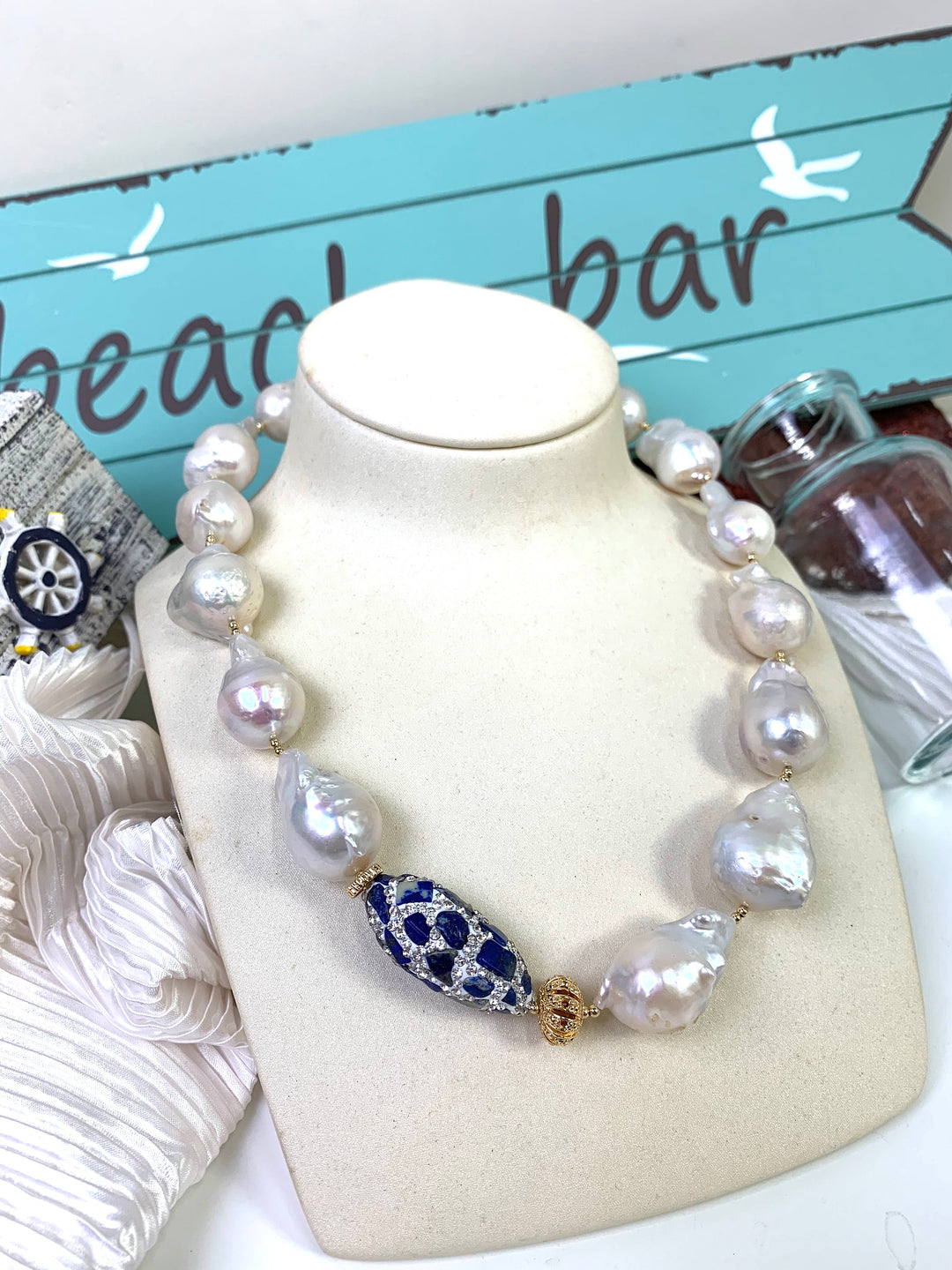 Baroque Pearls With Rhinestones Bordered Lapis Necklace EN019 - FARRA