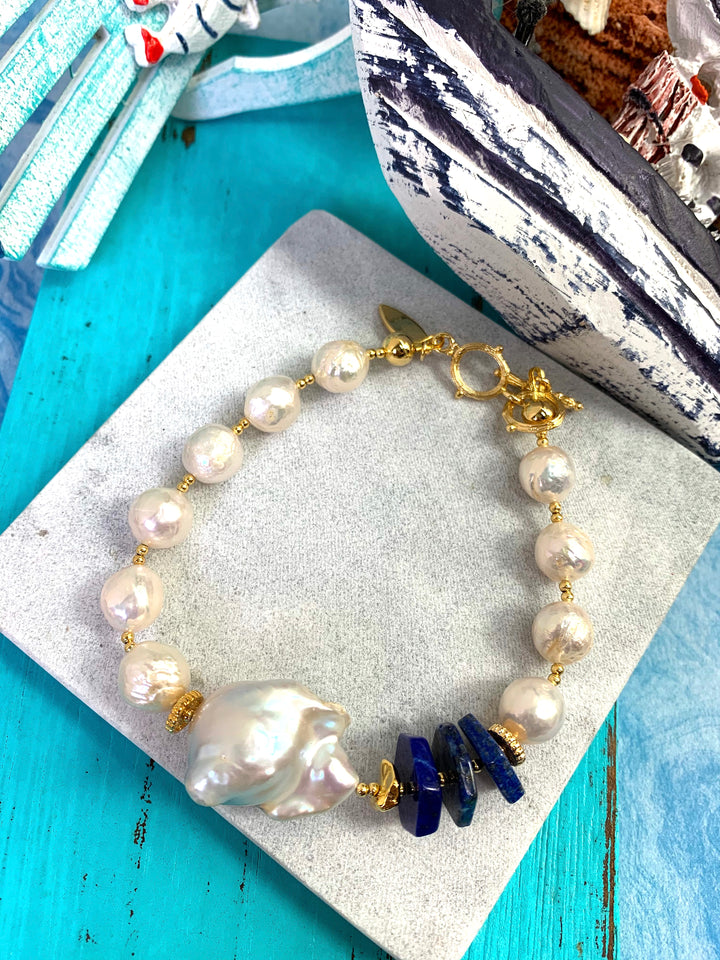 Freshwater Pearls With Lapis and Baroque Bracelet EB002 - FARRA