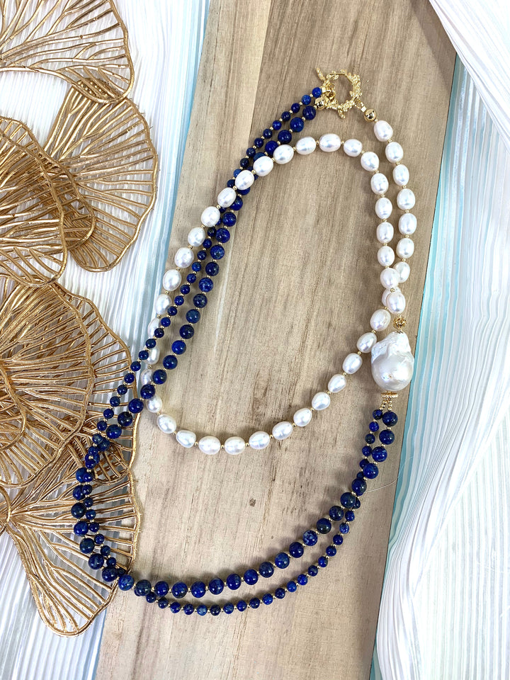 Round Lapis With Freshwater Pearls Multi-ways Long Necklace EN017 - FARRA