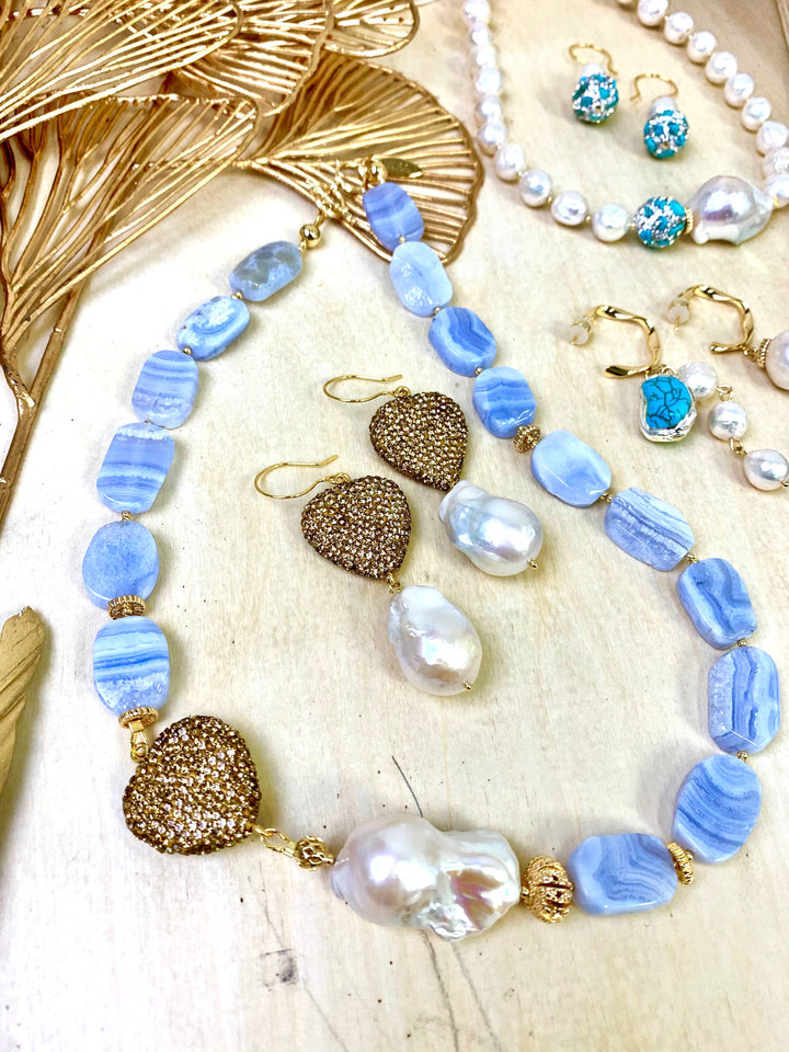 Blue Lace Agate Heart Charm Short Necklace EN007 - FARRA