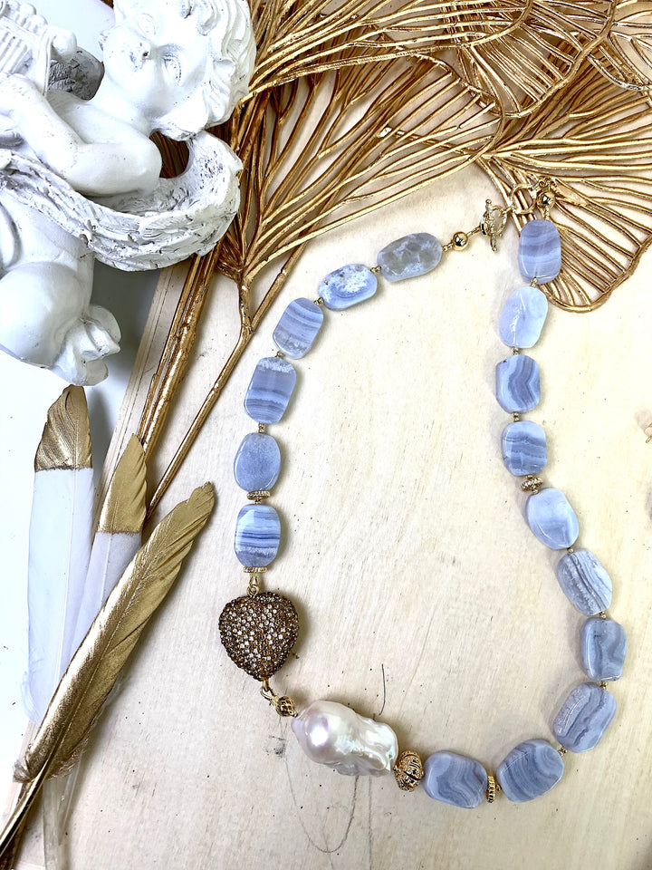 Blue Lace Agate Heart Charm Short Necklace EN007 - FARRA