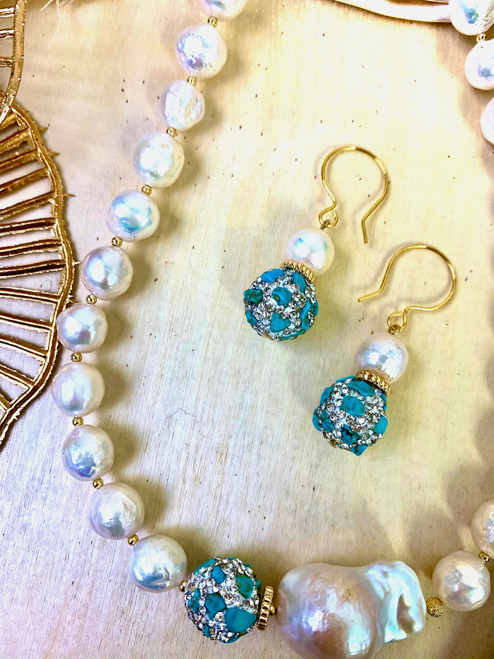 Freshwater Pearls With Rhinestones bordered Turquoise Dangle Earrings EE007 - FARRA